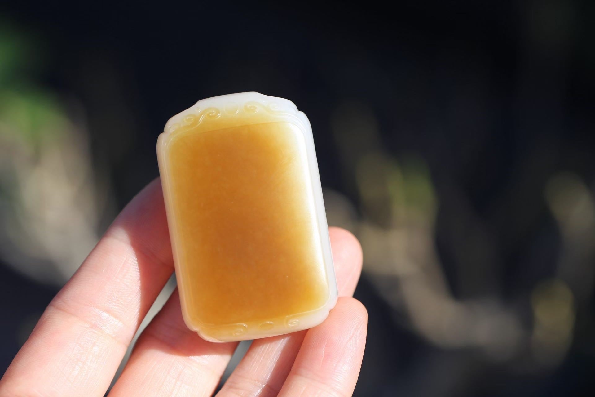 Rectangular plaque with a honey-yellow face inside a white rim and carved scrollwork at each end, held between fingertips