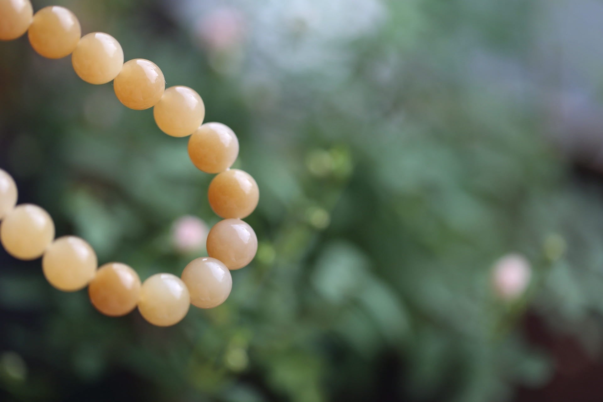 A strand of round honey-coloured beads curving across the frame against blurred green leaves