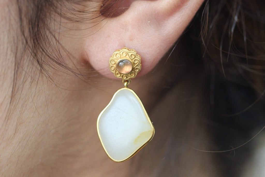 ATELIER 008 · Suet White — nephrite jade earrings, on the model