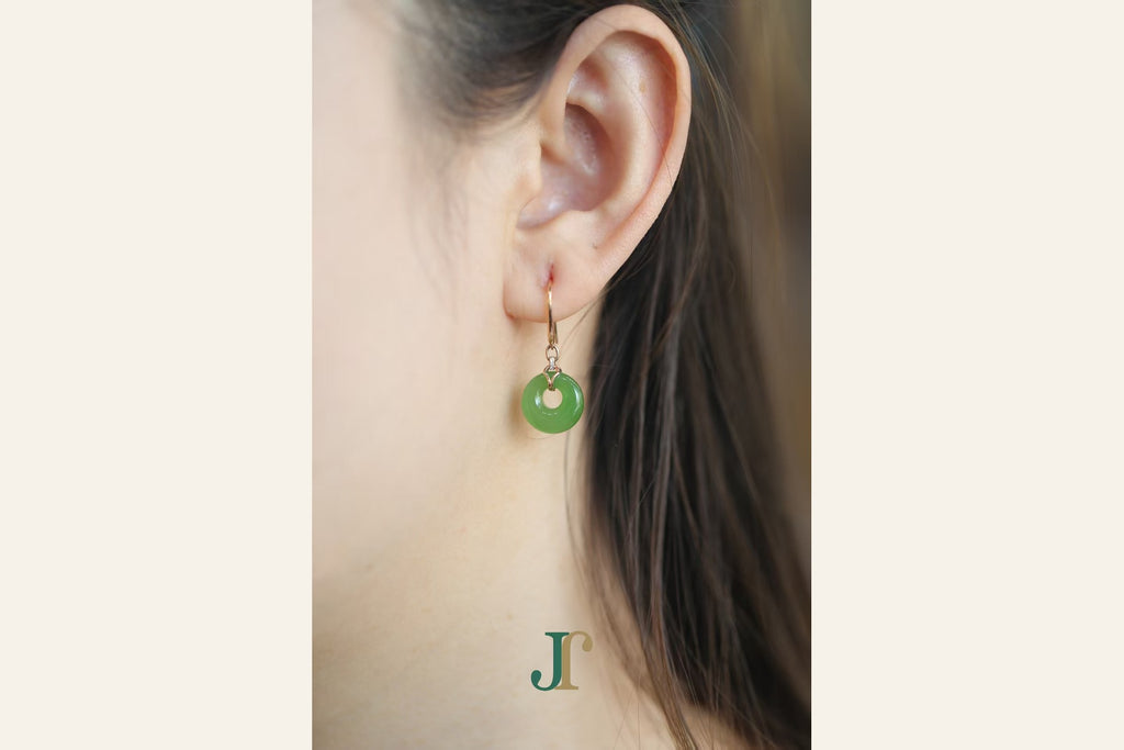 ATELIER 024 · Willow Green — nephrite jade earrings, on the model