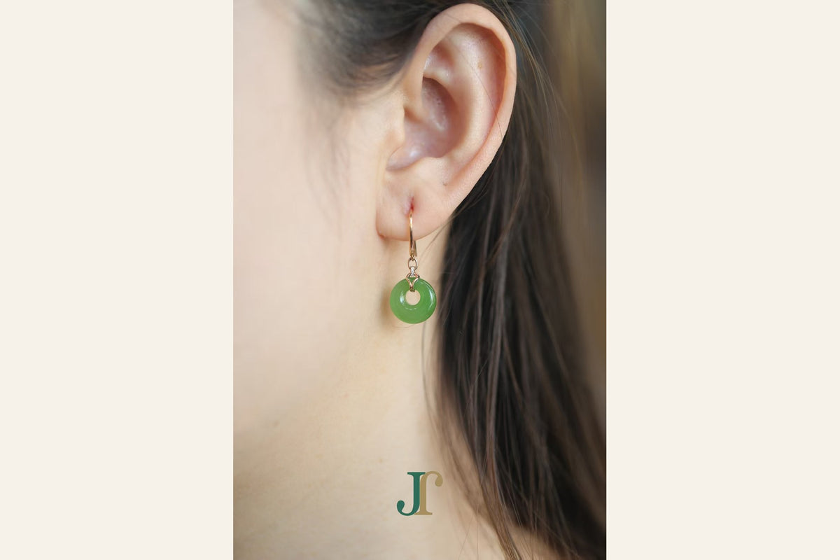 ATELIER 024 · Willow Green — nephrite jade earrings, on the model