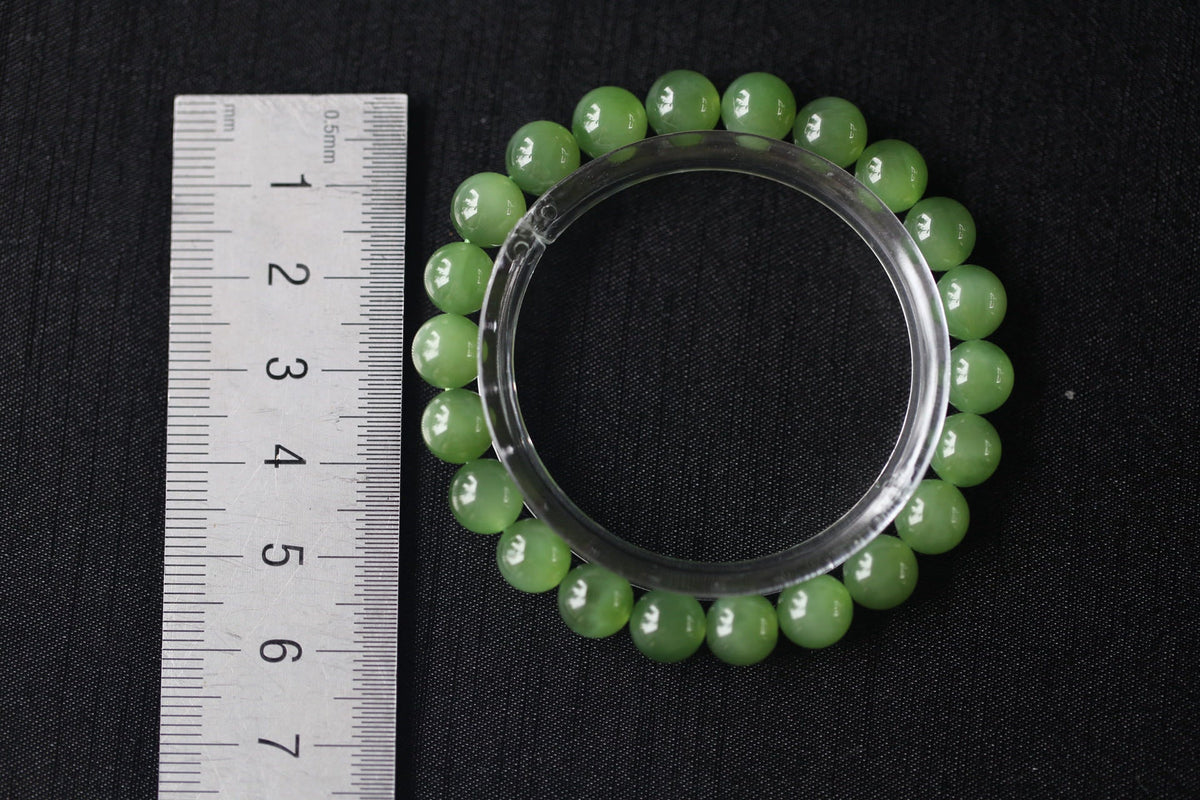 GAIA Earthy 8 · Willow Green 1 — nephrite jade bead bracelet, size reference