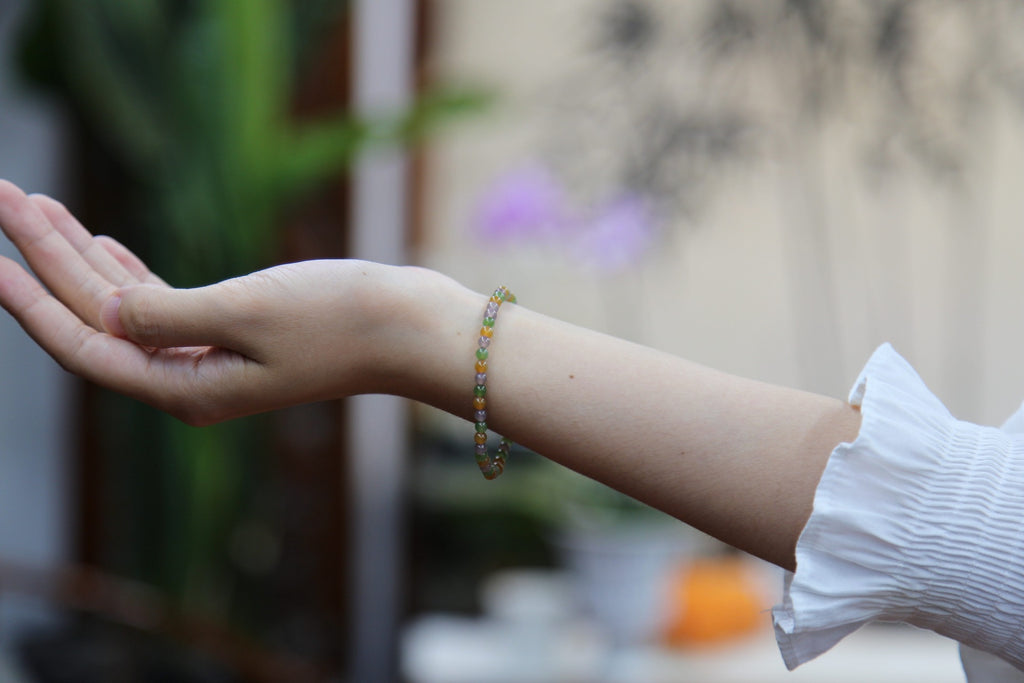 GAIA Earthy 4 · Multi-Colour — nephrite jade bead bracelet, on the wrist, alternate view