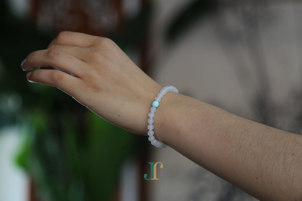 GAIA Earthy 6 Spiritual · Suet White · Turquoise — nephrite jade bead bracelet, worn