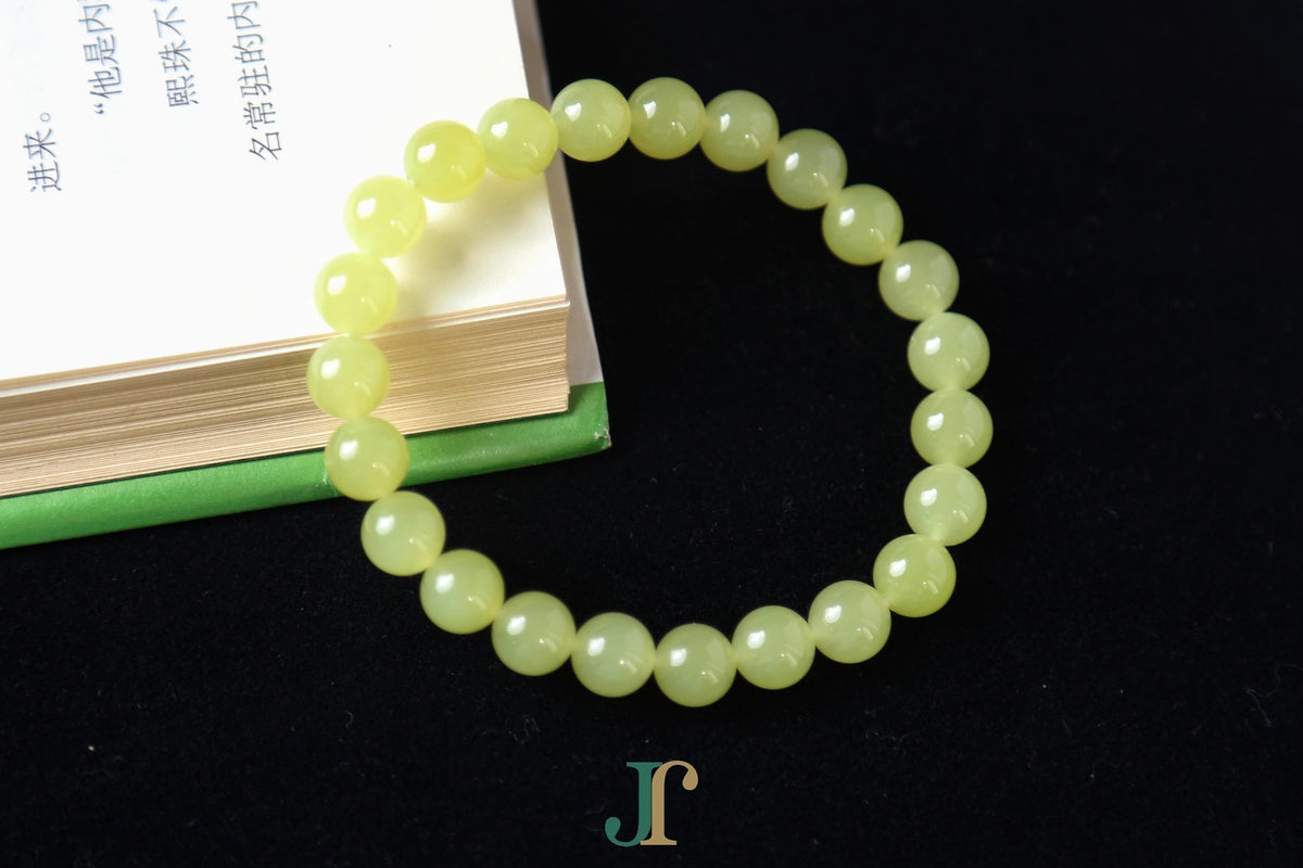 GAIA Earthy 8 · Golden Green — nephrite jade bead bracelet, front