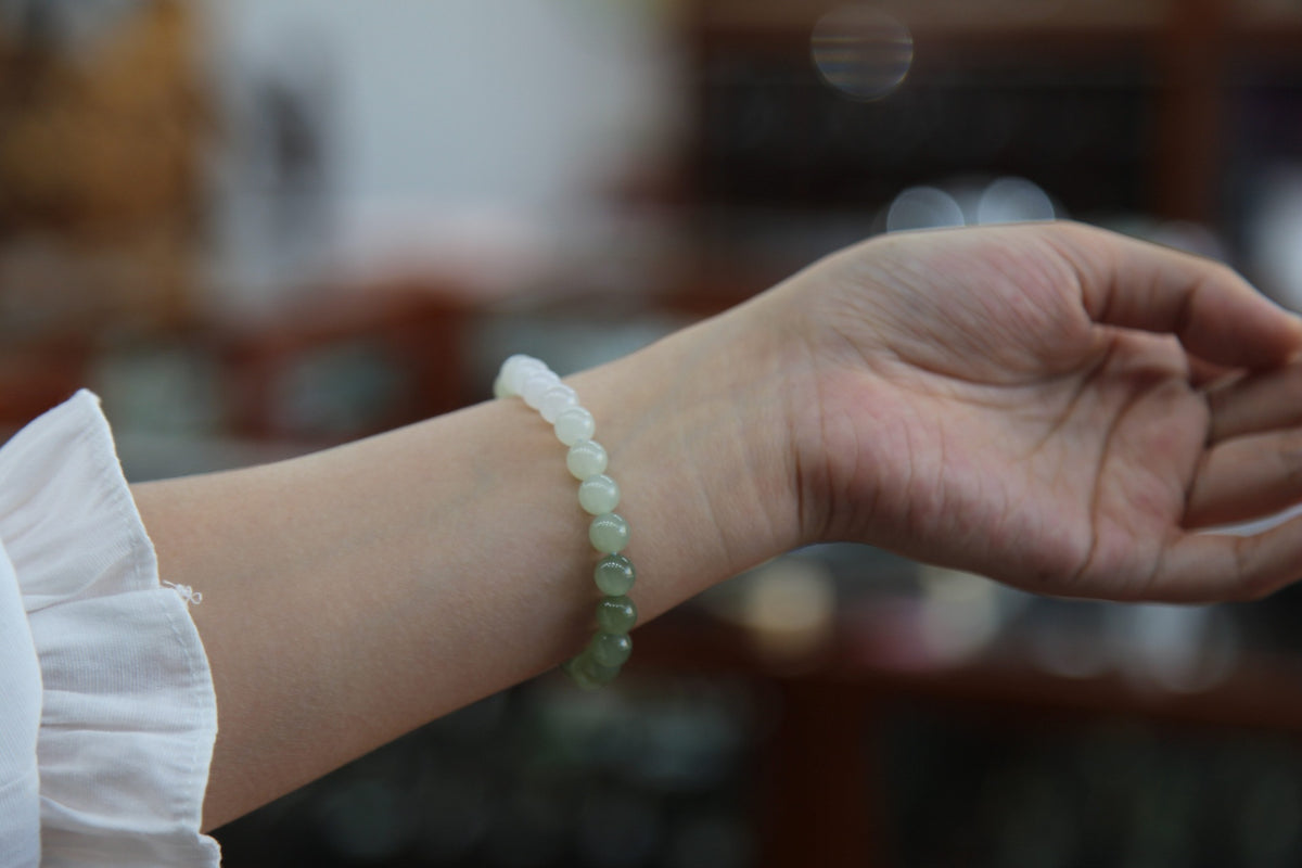 GAIA Earthy 8 · Multi-Colour 3 — nephrite jade bead bracelet, on the hand, alternate view