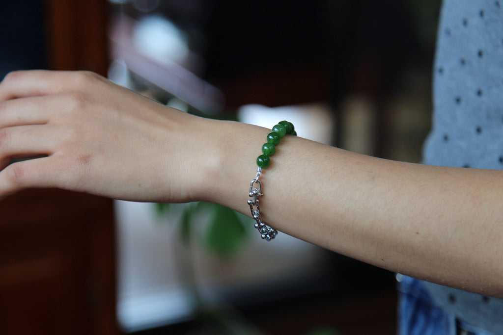 GAIA Earthy Half — natural nephrite jade bead bracelet, on the wrist