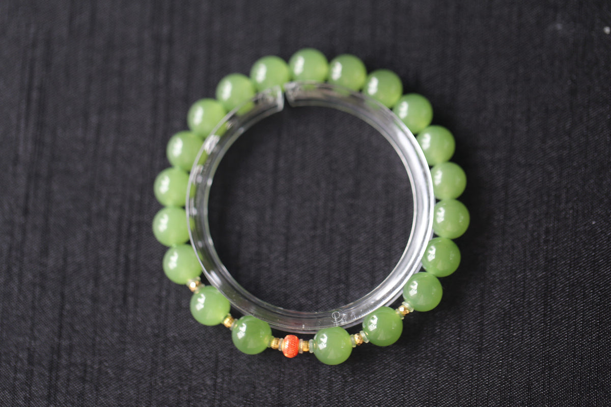 GAIA Earthy Red Bean — natural nephrite jade bead bracelet, detail
