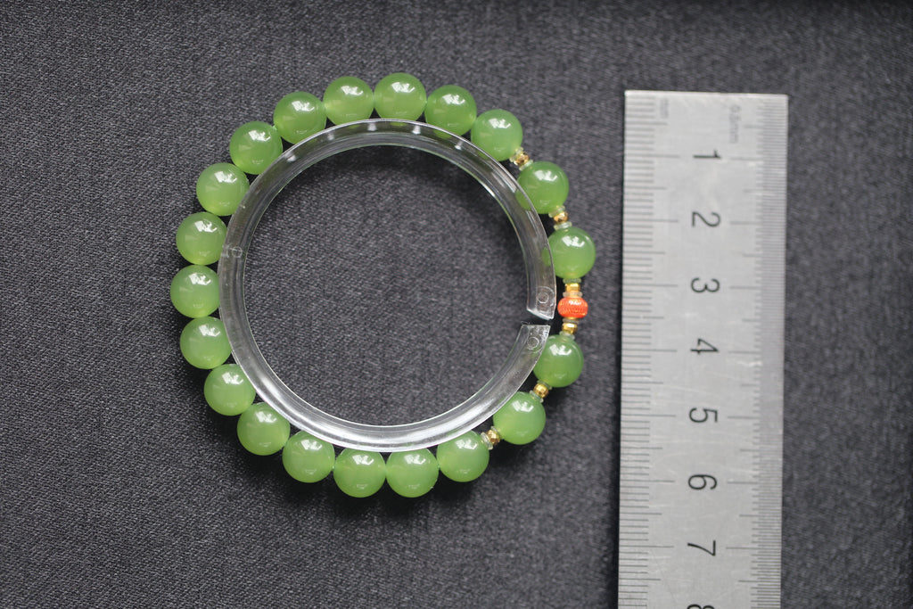 GAIA Earthy Red Bean — natural nephrite jade bead bracelet, size reference
