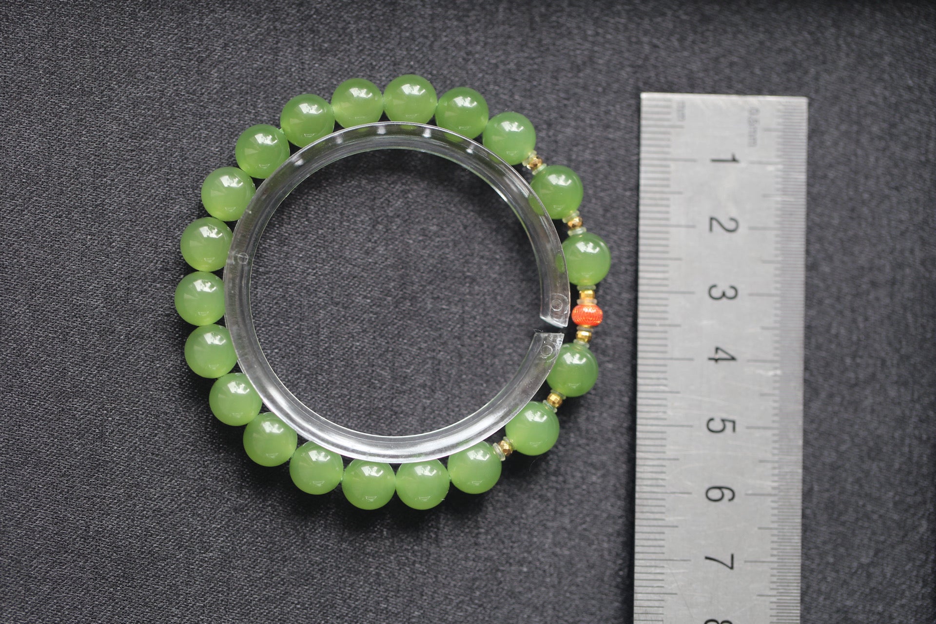 GAIA Earthy Red Bean — natural nephrite jade bead bracelet, size reference