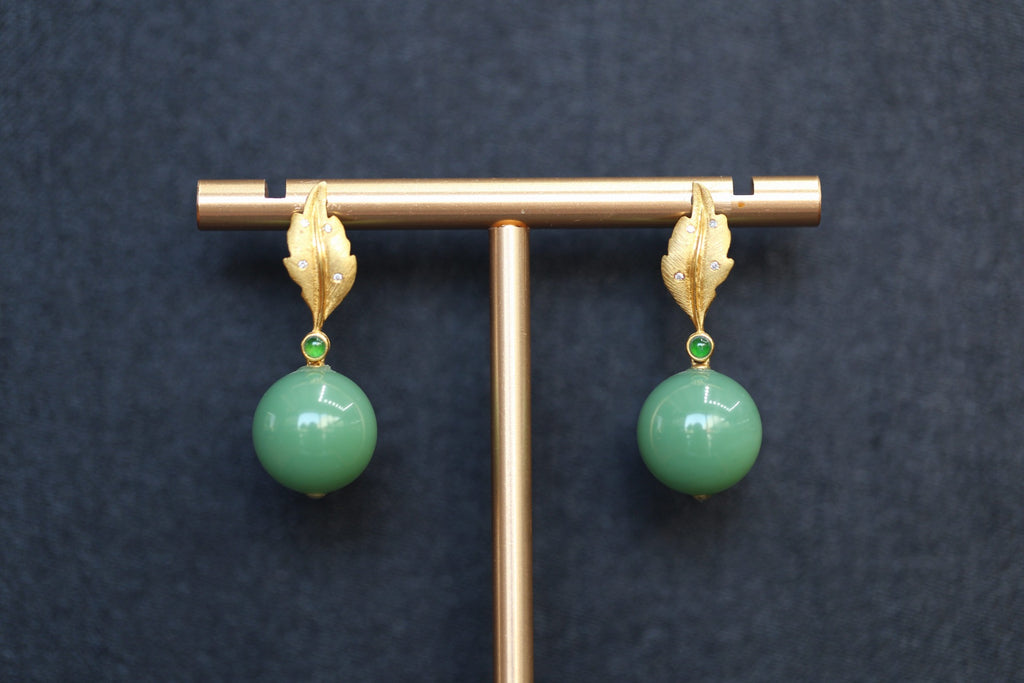 GAIA Leaf 12 · Willow Green — nephrite jade earrings, front