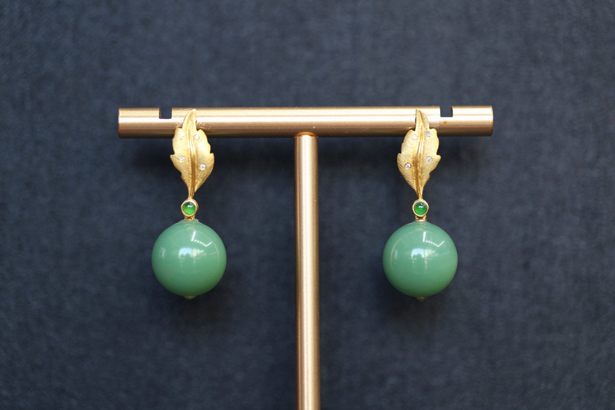 GAIA Leaf 12 · Willow Green — nephrite jade earrings, front