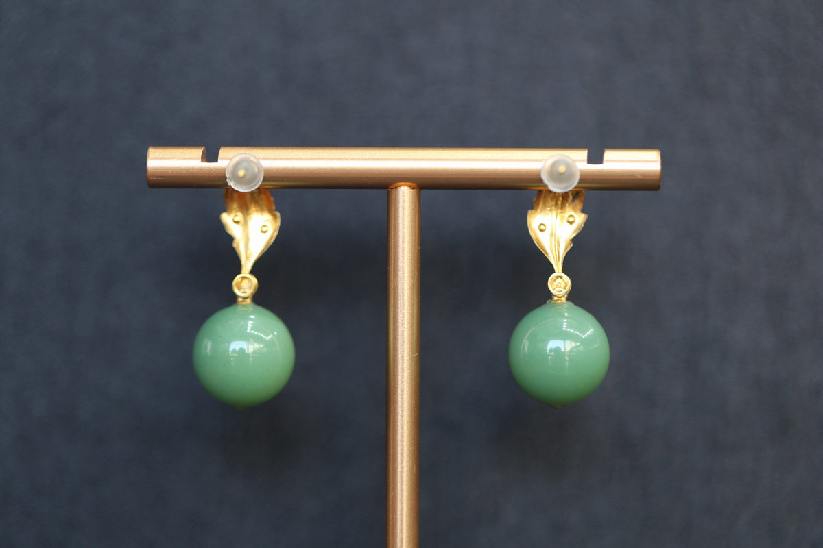 GAIA Leaf 12 · Willow Green — nephrite jade earrings, close view