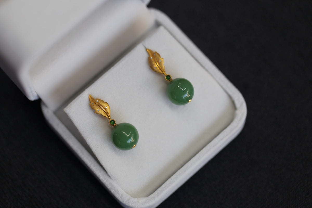 GAIA Leaf 12 · Willow Green — nephrite jade earrings, packaging