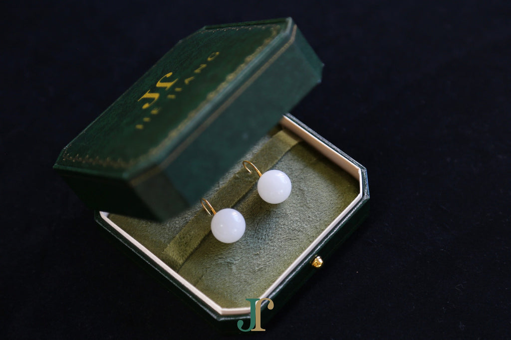 GAIA Luna 14 · Suet White — nephrite jade earrings, in the gift box