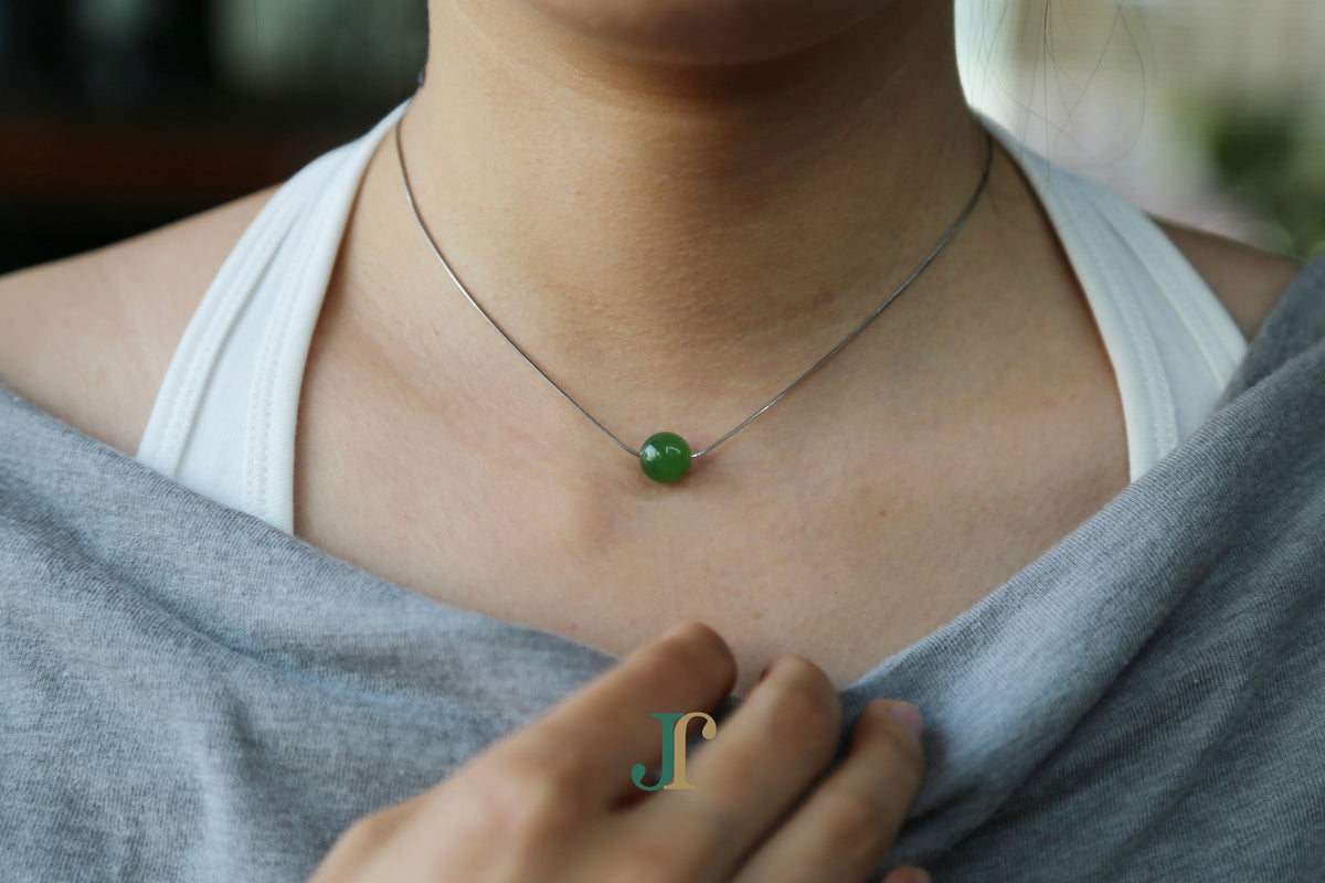 GAIA Pure 10 · Spinach Green — nephrite jade bead necklace, worn, second view