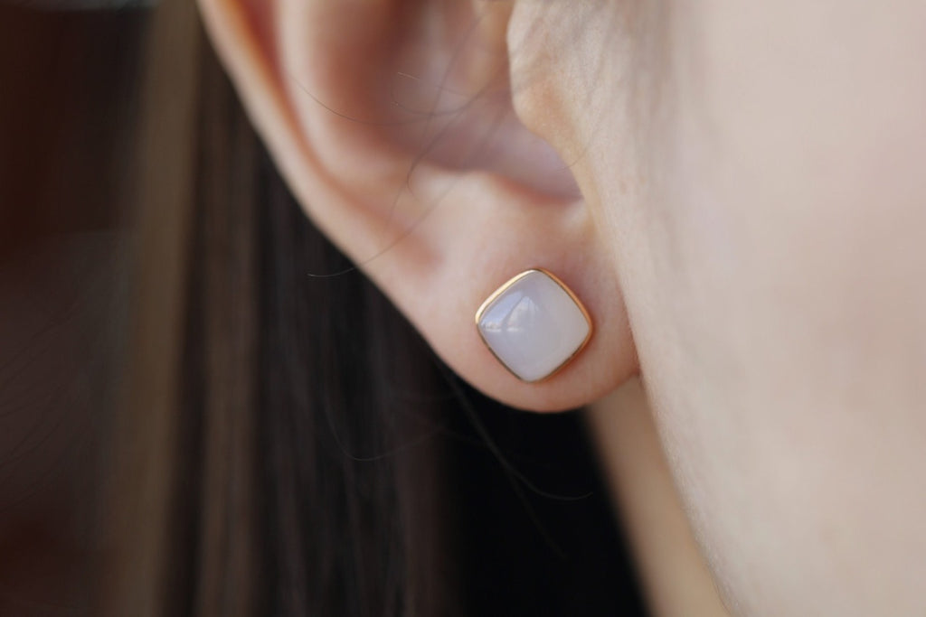 GALET 021 · Suet White — nephrite jade earrings, on the model