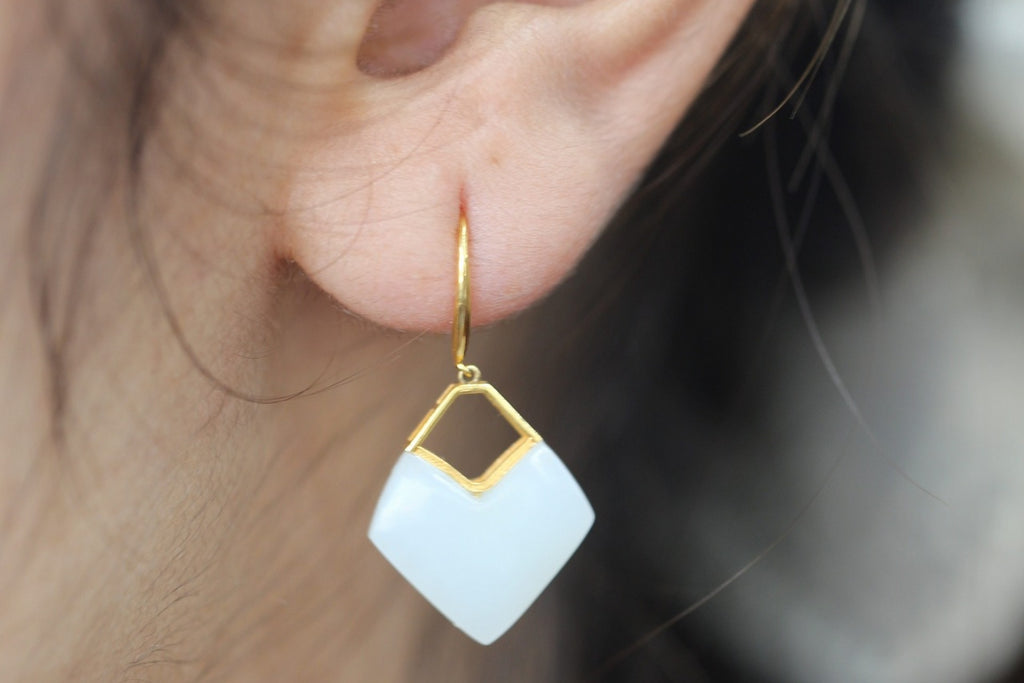 GALET 024 · Suet White — nephrite jade earrings, on the model
