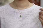 GALET 032 · Willow Green — nephrite jade necklace, on the model, close