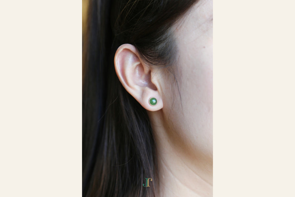 GALET 035 · Willow Green — nephrite jade earrings, on the ear
