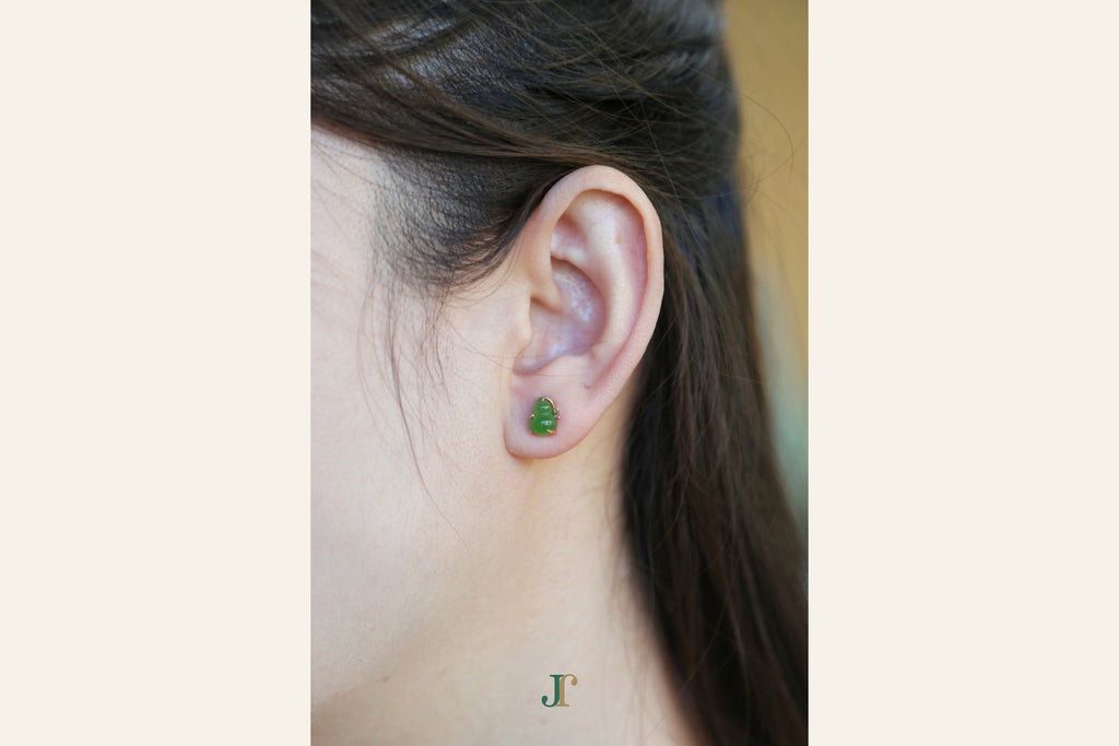 GALET 036 · Willow Green — nephrite jade earrings, on the ear
