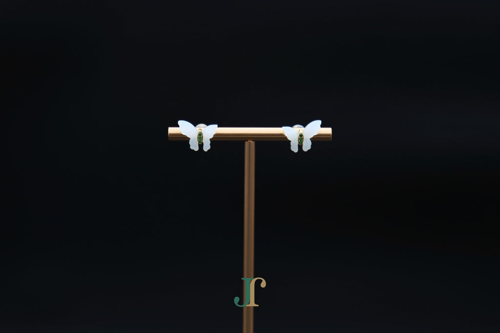GALET 037 · Suet White — nephrite jade earrings, on a display stand
