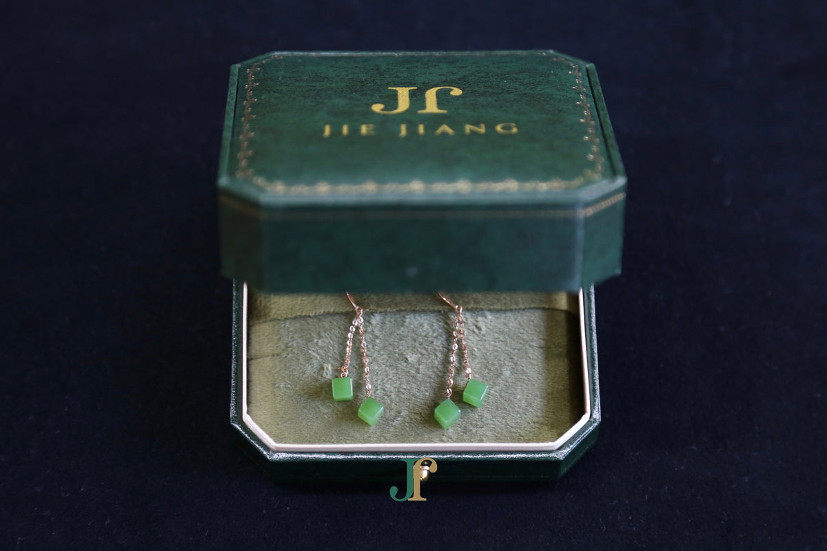 GALET 038 · Willow Green — nephrite jade earrings, in the box