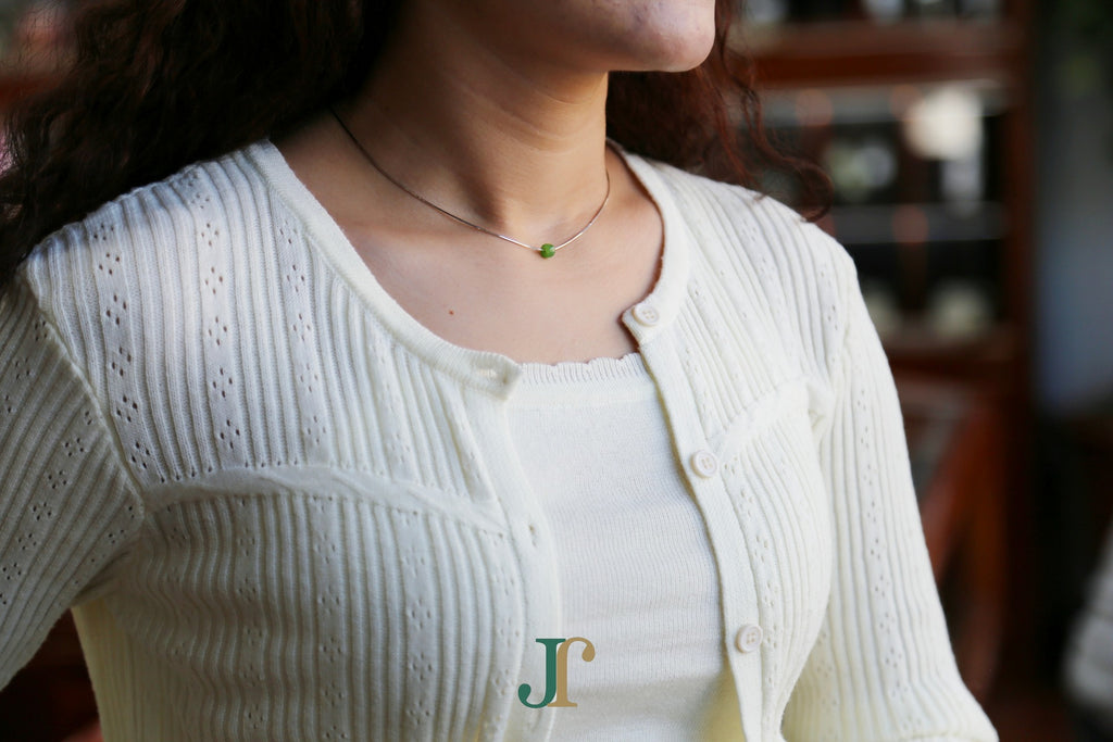 PASTILLE Pure 6×3 · Willow Green — nephrite jade pastille necklace, worn