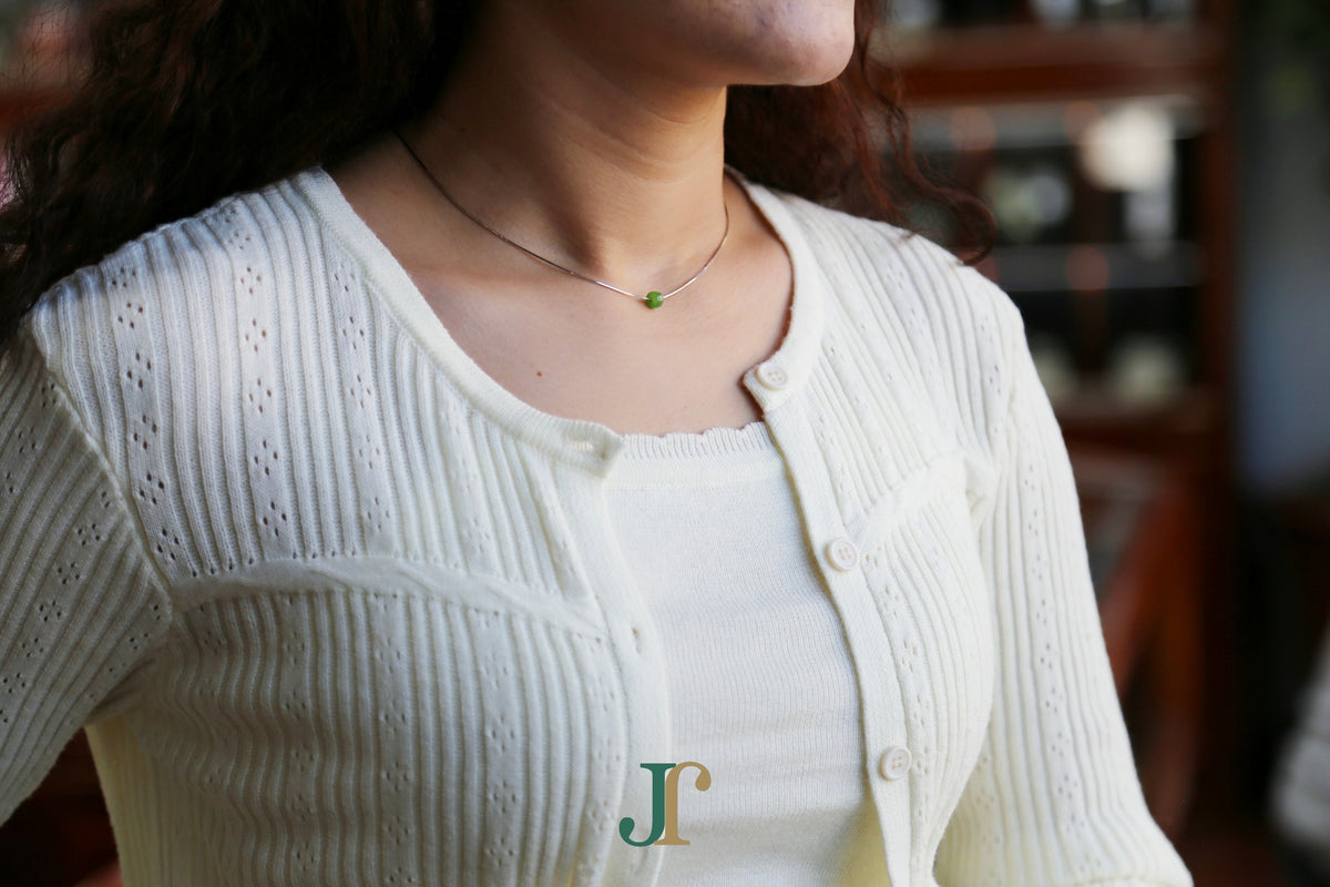 PASTILLE Pure 6×3 · Willow Green — nephrite jade pastille necklace, worn