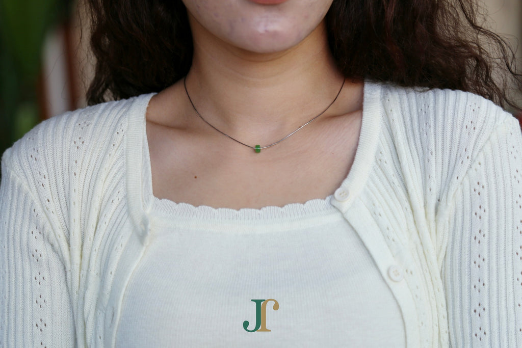 PASTILLE Pure 6×3 · Willow Green — nephrite jade pastille necklace, worn, second view