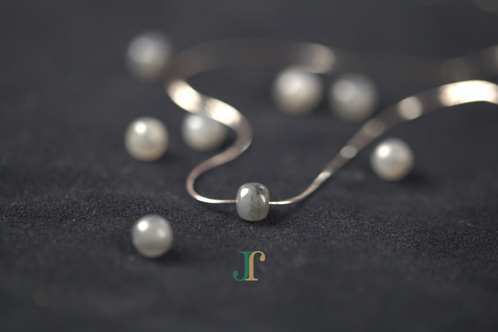 PILLAR Pure 7×6 · Ink Wash — nephrite jade cylinder necklace, on the chain