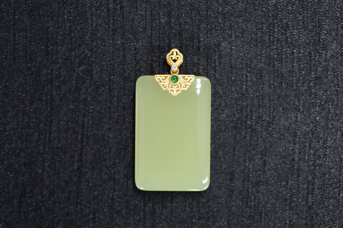 TABULA 008 · Golden Green — nephrite jade pendant, front