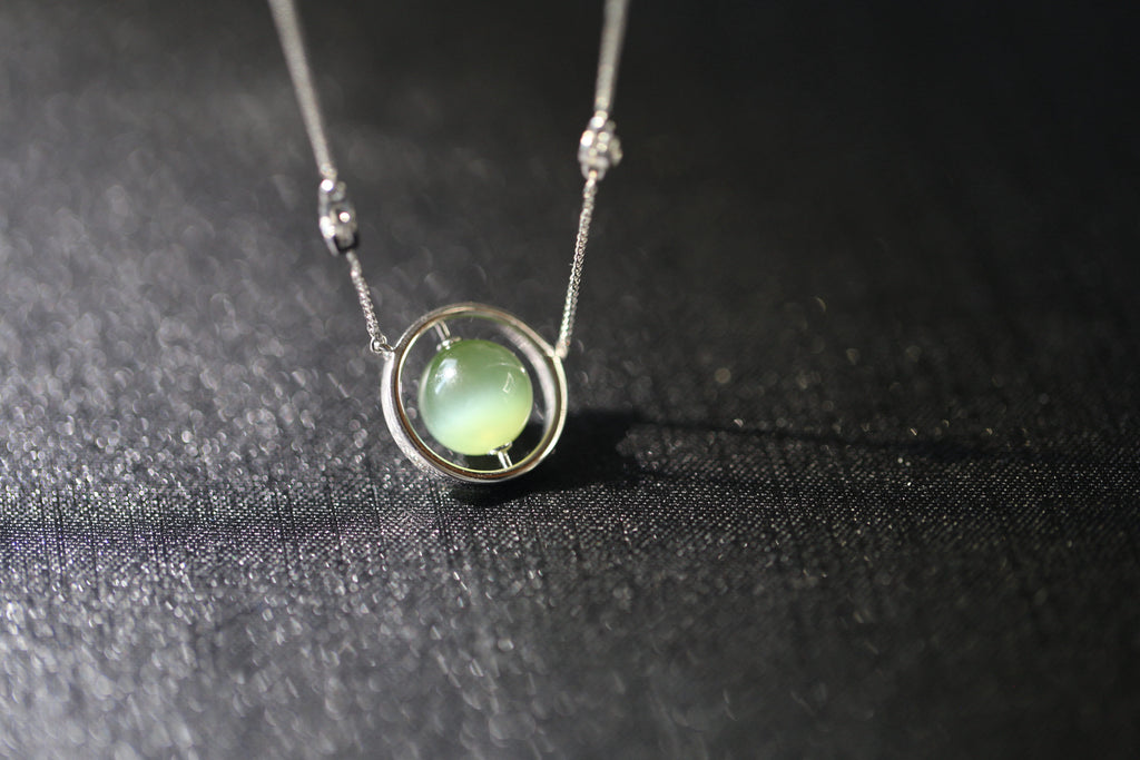 URANIA Planet · Cat's Eye — nephrite jade necklace, on the model