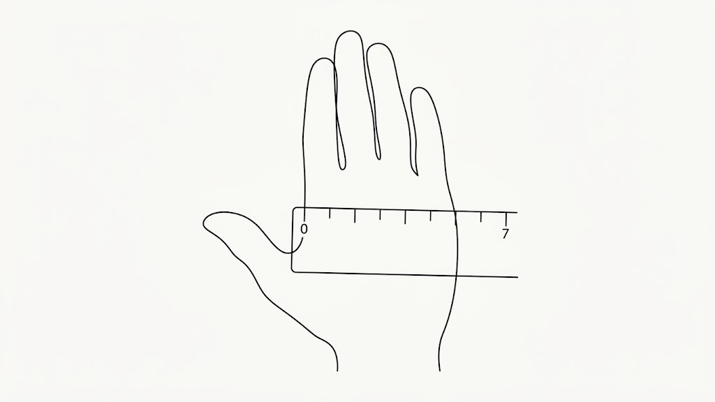 Line drawing: a ruler laid across the widest part of a flat hand, thumb excluded, to measure hand width for a bangle