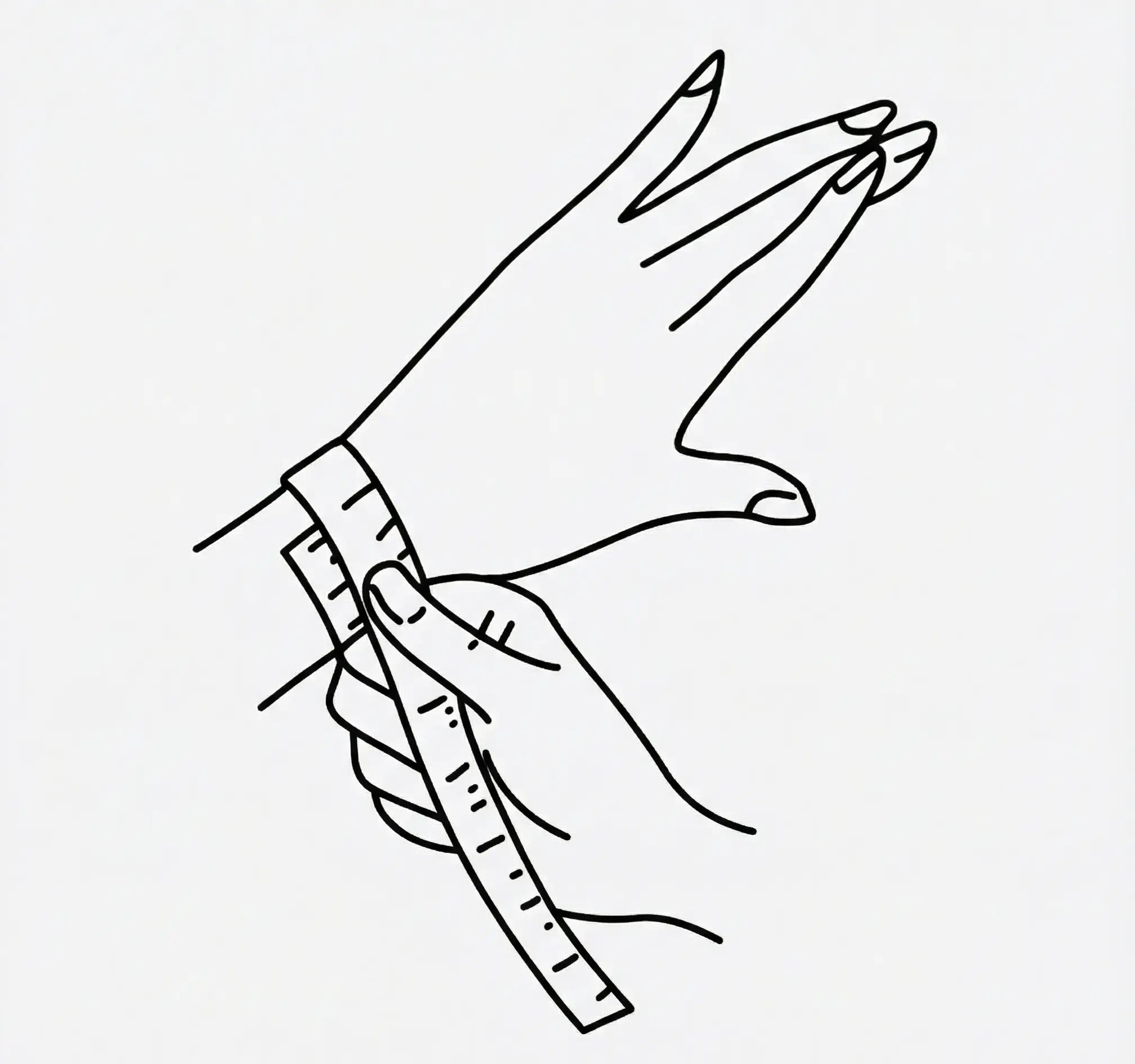 Line drawing: one hand wraps a soft measuring tape around the other wrist to measure its circumference